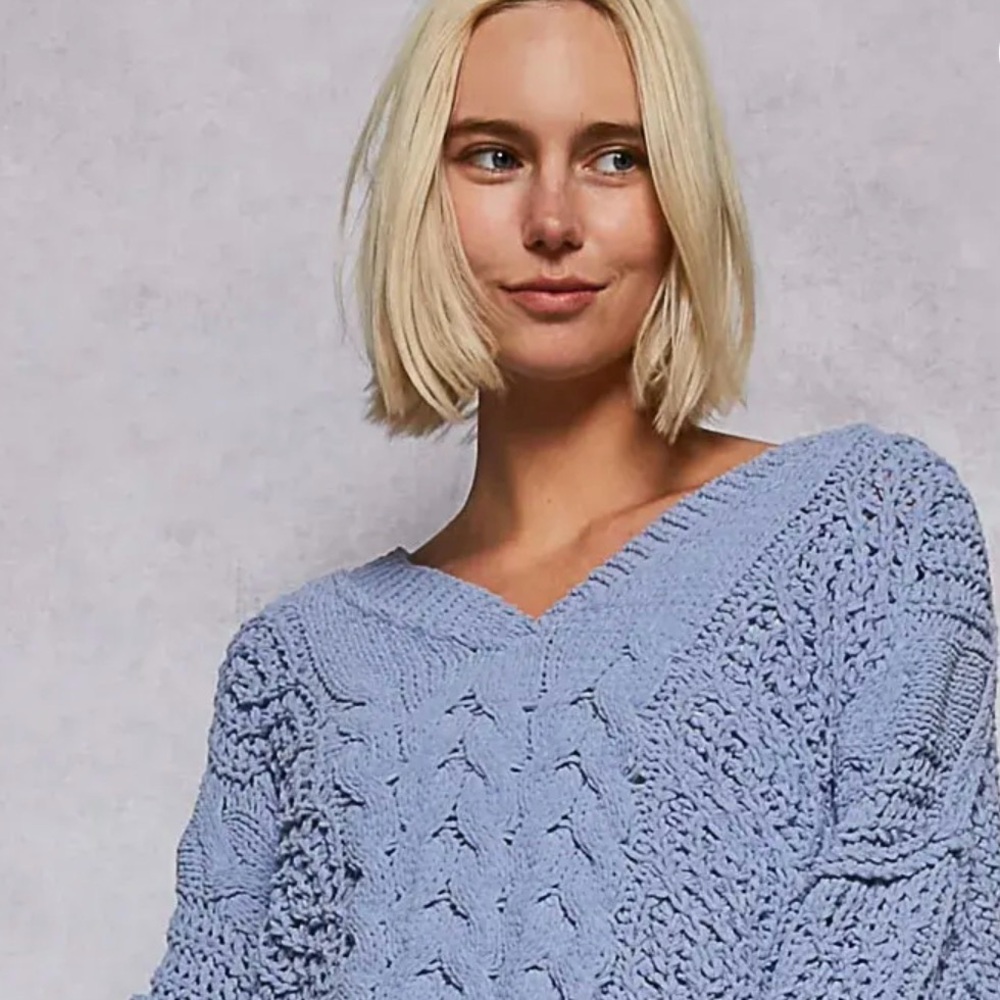 POL Evening Blue V-Neck Cable Knit Sweater